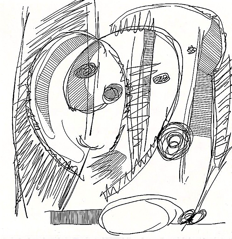 Pen-ink line drawing of overlapping faces